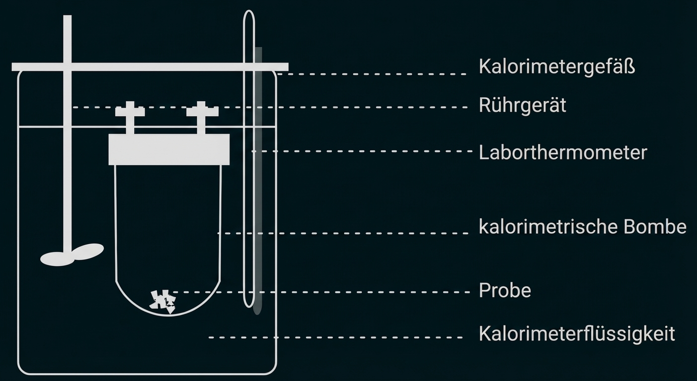 Schematische Darstellung eines Bombenkalorimeters mit Gefäß, Rührgerät, Thermometer, Bombe, Probe und Flüssigkeit.
